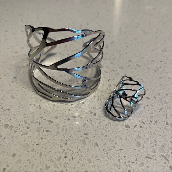Bangle bracelet & Ring set Metal Leaf Design silver color - Picture 5 of 12